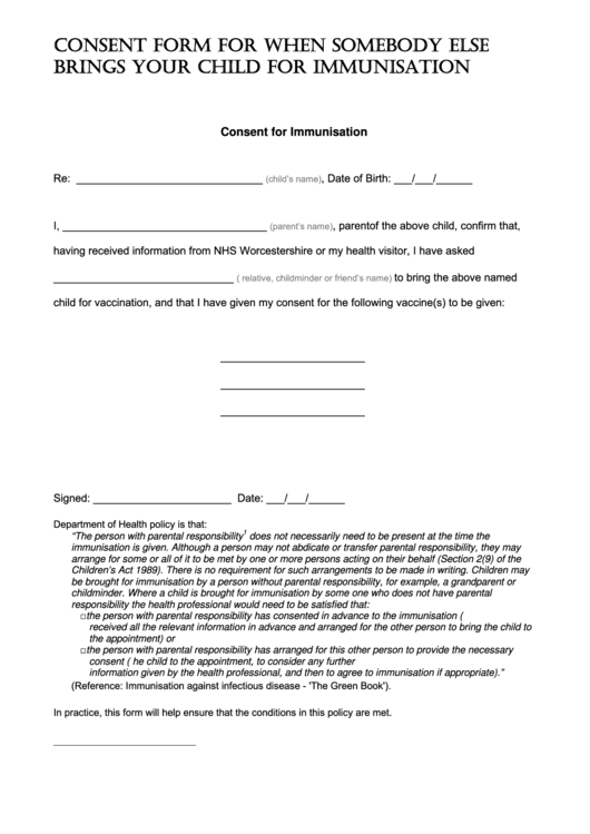 Consent Form For When Somebody Else Brings Your Child For Immunisation 