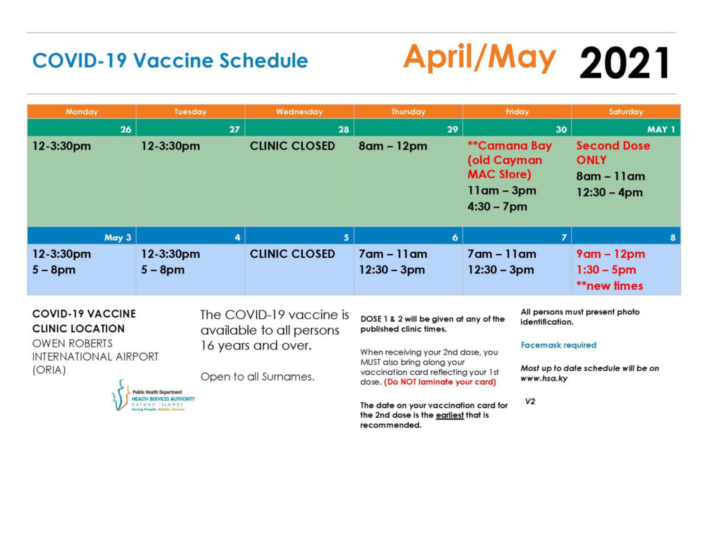 COVID 19 Vaccination Schedule 26 April 8 May 2021 Health Services 