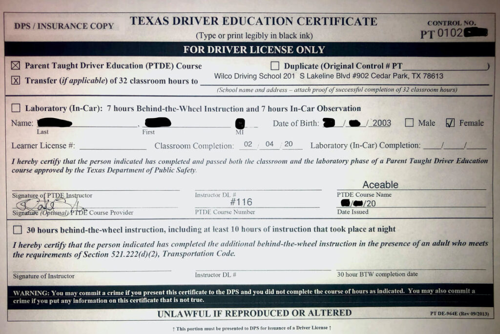 DE 964 For Parent Taught Wilco Driving School