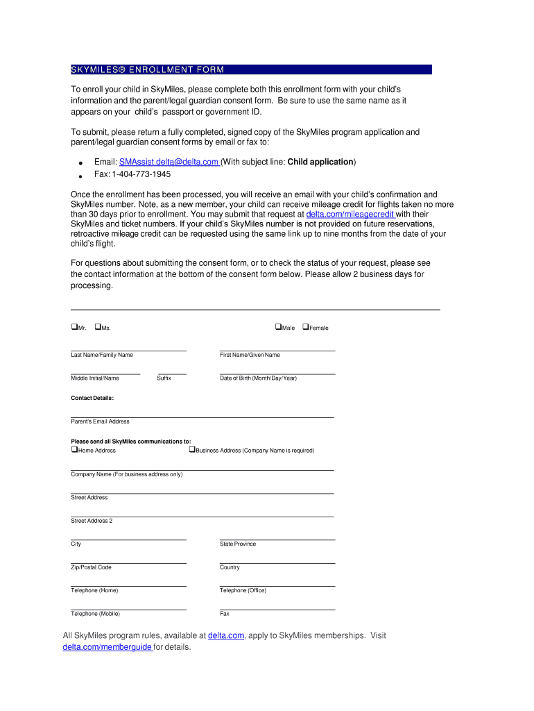 Delta Airlines Skymiles Enrollment Fill Out And Sign Printable PDF