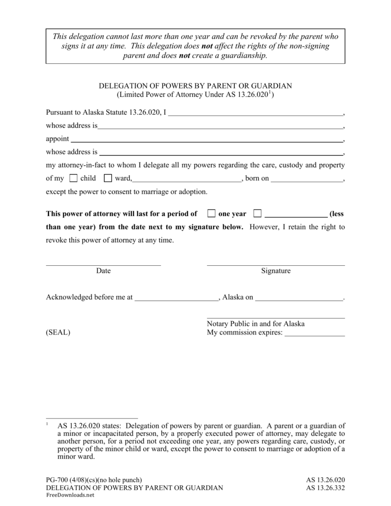 Download Alaska Minor Child Power Of Attorney Form PDF 