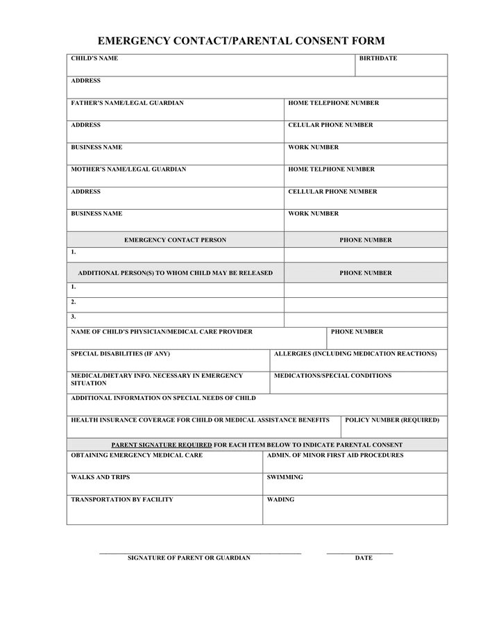 EMERGENCY CONTACT PARENTAL CONSENT FORM In Word And Pdf Formats