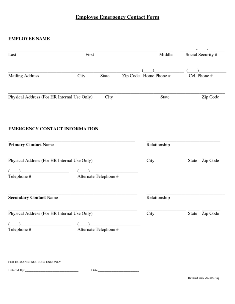 Employee Emergency Contact Form Emergency Contact Form Emergency 