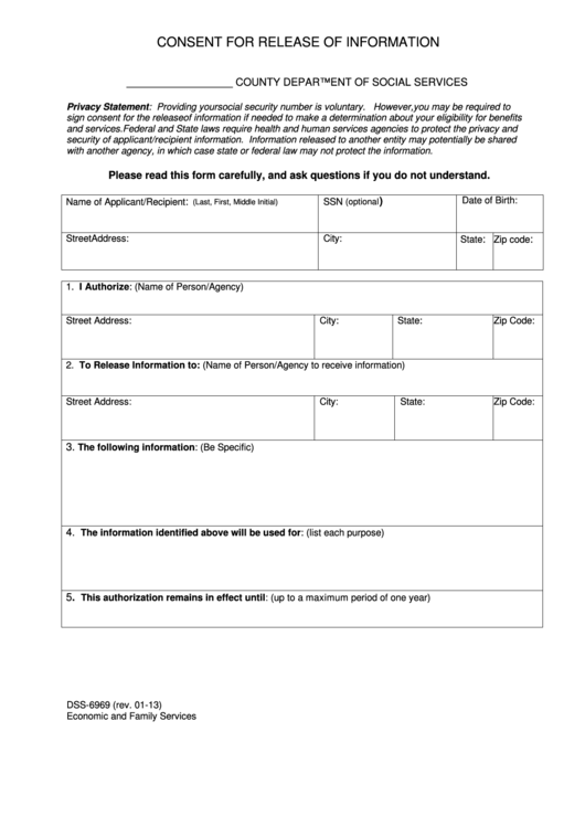 Fillable Form Dss 6969 Consent For Release Of Information North