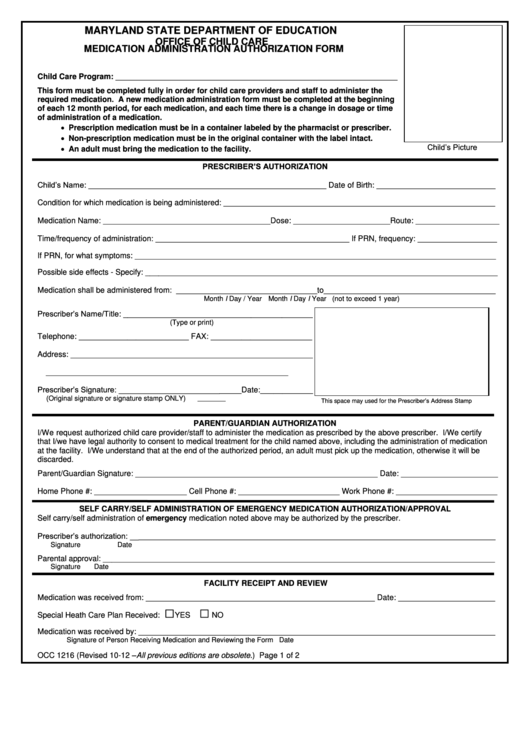 Fillable Form Occ 1216 Medication Administration Authorization Form 