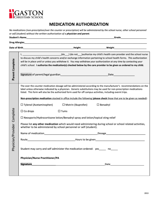 Fillable Medication Authorization Form Printable Pdf Download