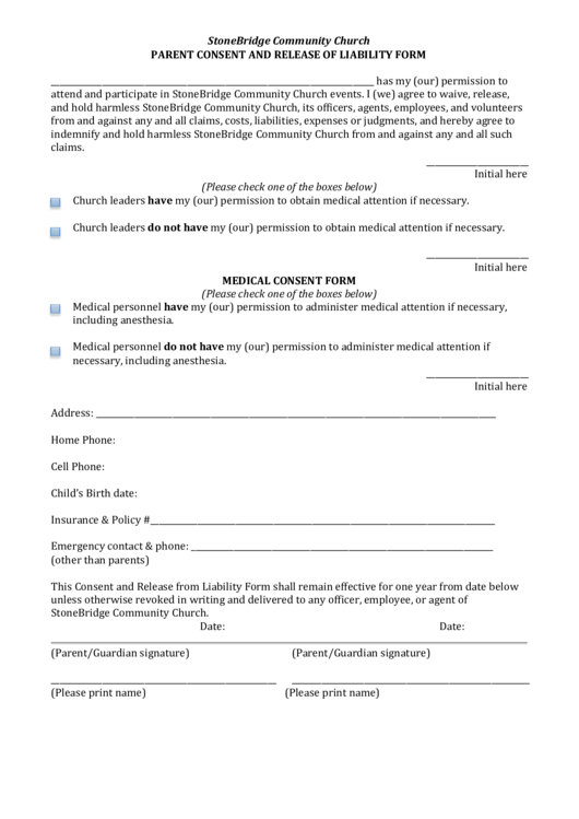 Fillable Parent Consent And Release Of Liability Form Printable Pdf 