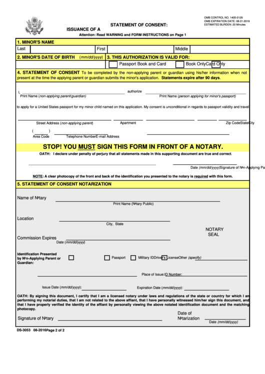 Fillable Statement Of Consent Issuance Of A U s Passport To A Minor