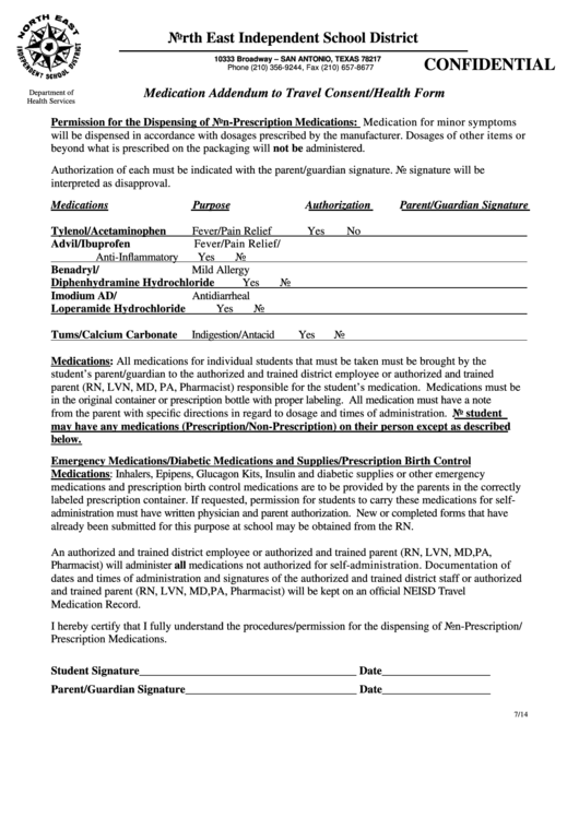 Fillable Travel Consent health Form With Medication Addendum To Travel 