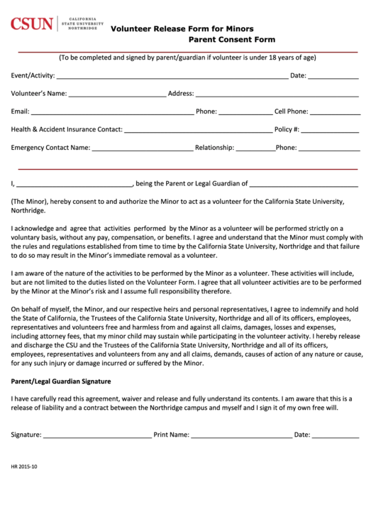 Fillable Volunteer Release Form For Minors Parent Consent Form 