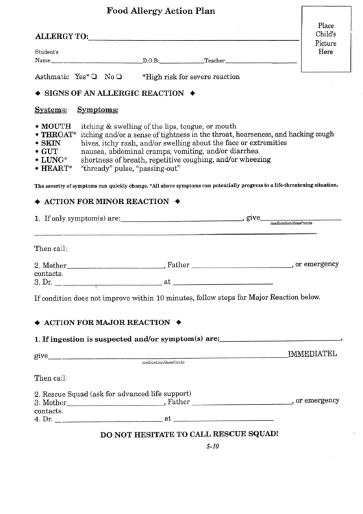 Food Allergy Action Plan Printable Pdf Download