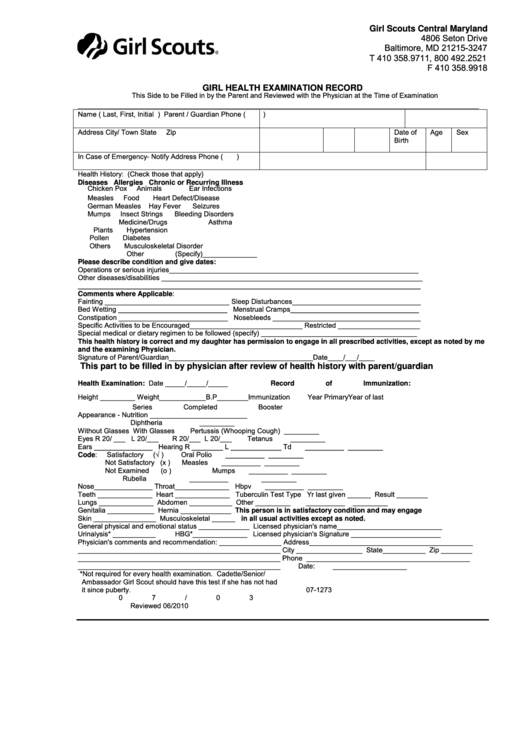 Form 07 1273 Girl Health Examination Record Form Printable Pdf Download