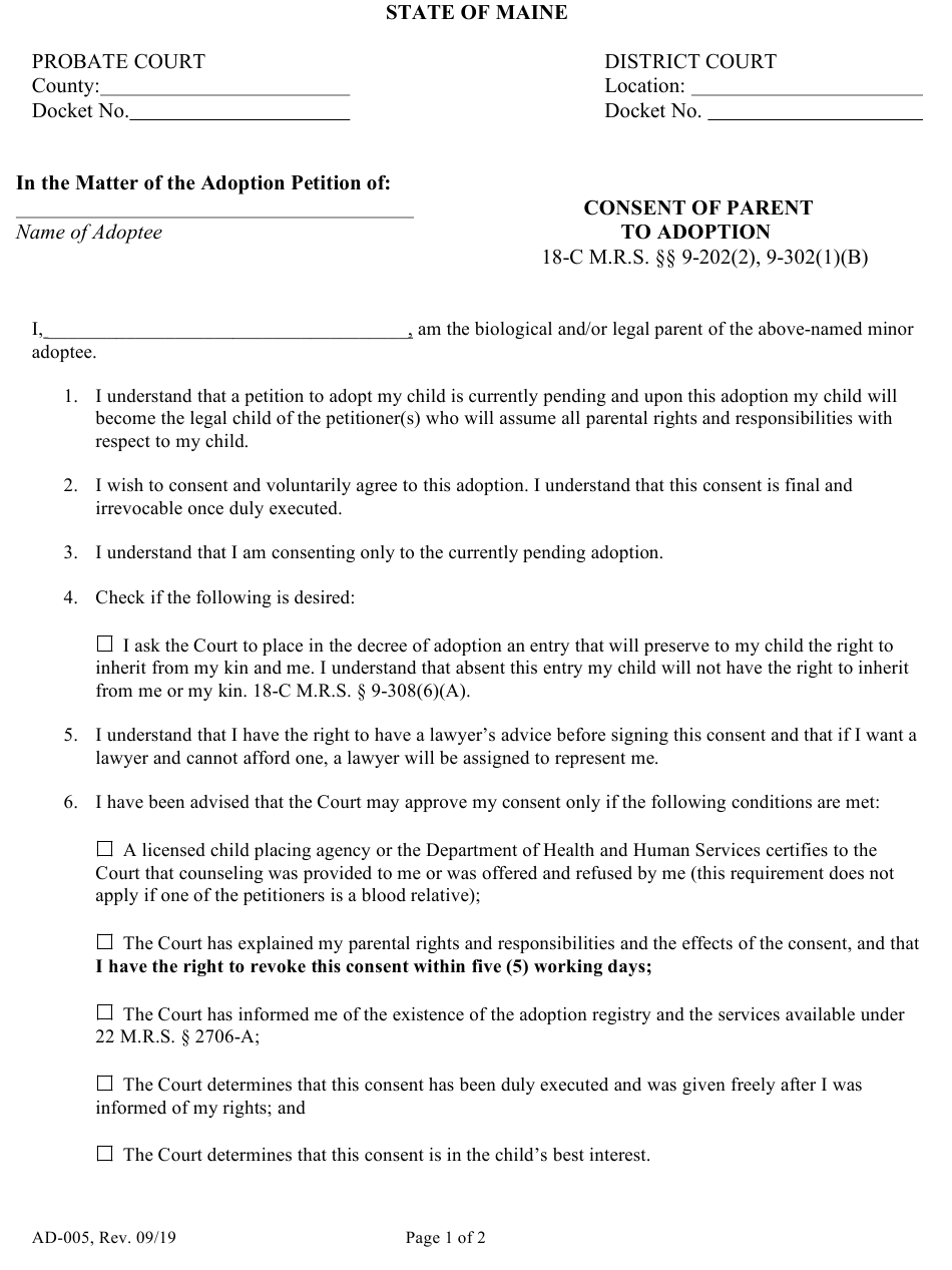 Form AD 005 Download Fillable PDF Or Fill Online Consent Of Parent To