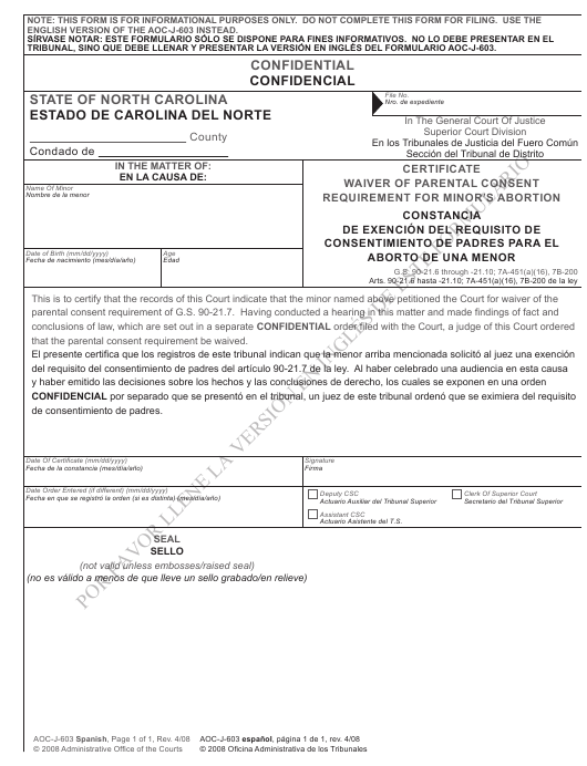 Form AOC J 603 Download Printable PDF Or Fill Online Certificate Waiver 