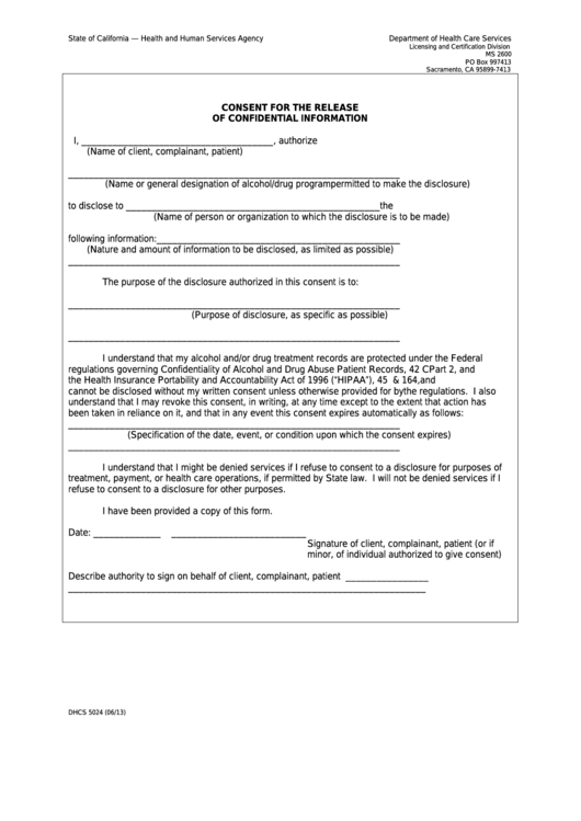 Form Dhcs 5024 California Consent For The Release Of Confidential 