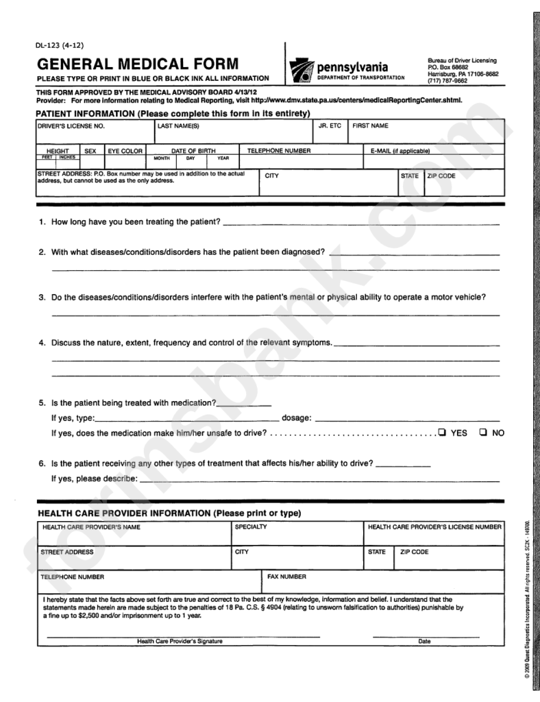 Form Dl 123 General Medical Form Pennsylvania Department Of 