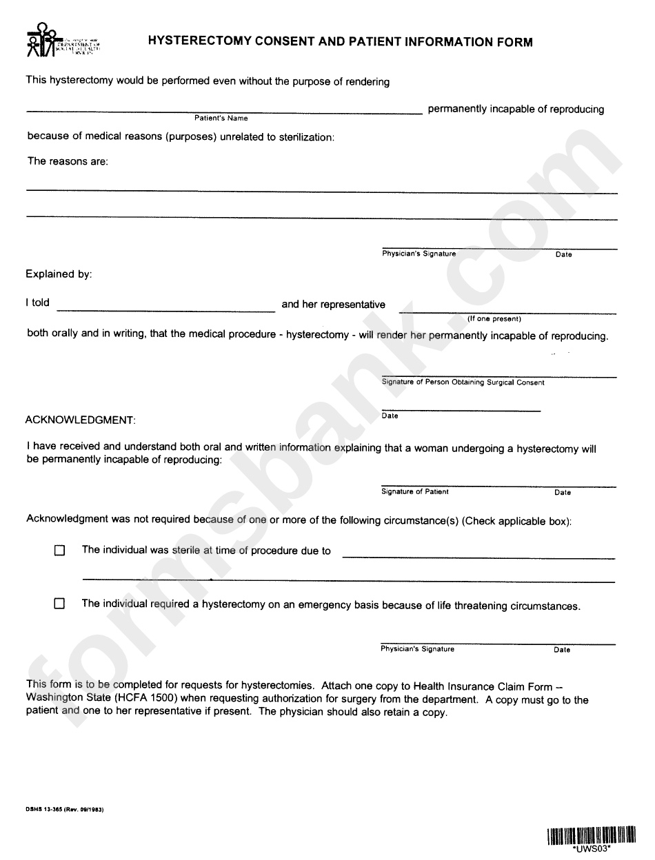 Form Dshs 13 385 Hysterectomy Consent And Patient Information Form