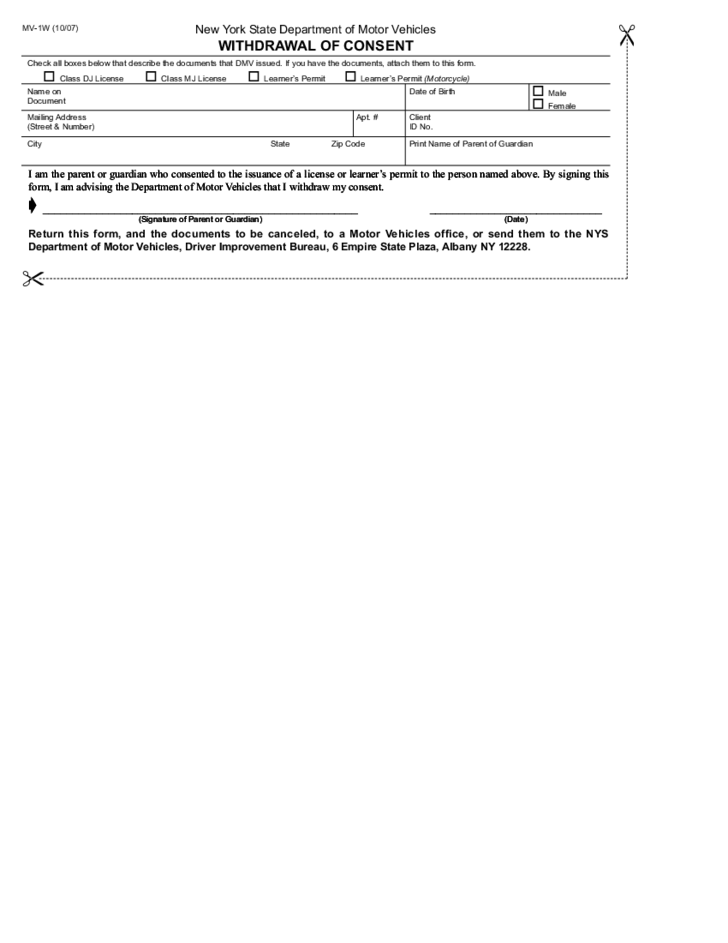Form MV 1W Withdrawal Of Consent New York Free Download