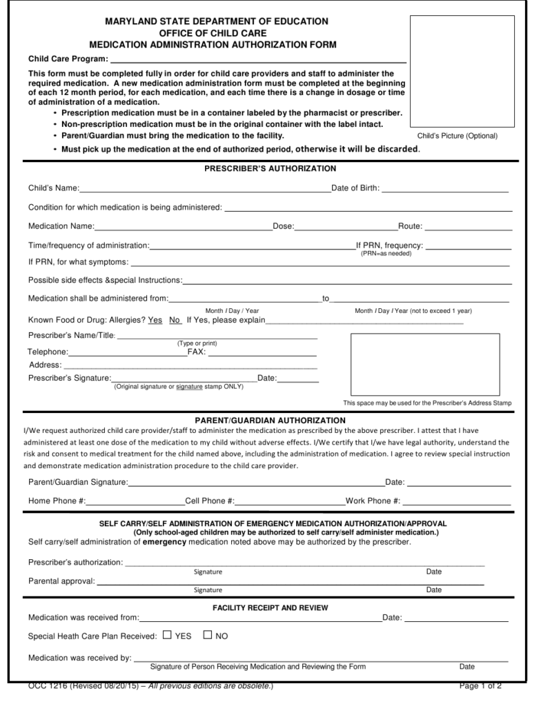 Form OCC1216 Download Printable PDF Or Fill Online Medication 