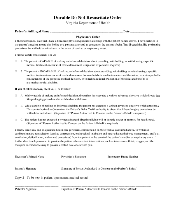 FREE 10 Sample Do Not Resuscitate Forms In MS Word PDF