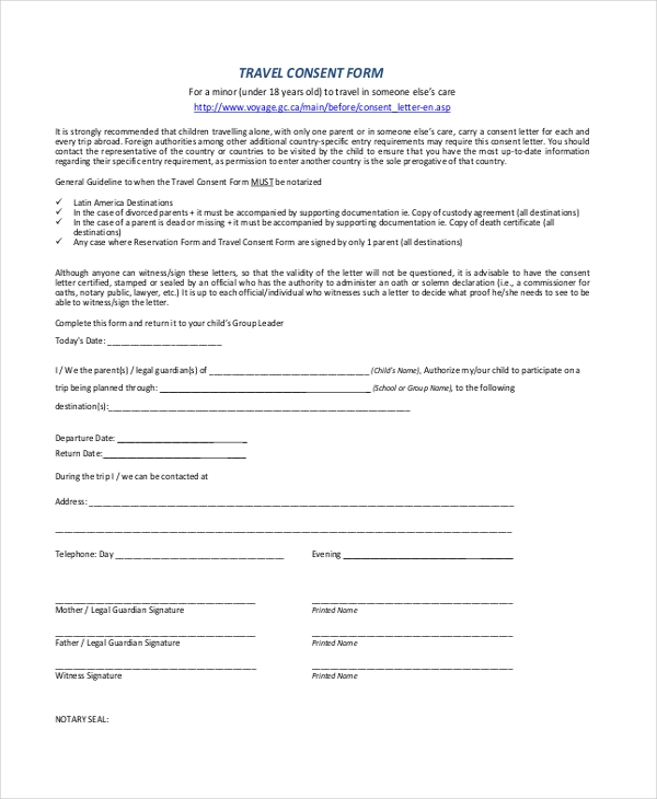 FREE 11 Sample Travel Consent Forms In PDF MS Word Excel