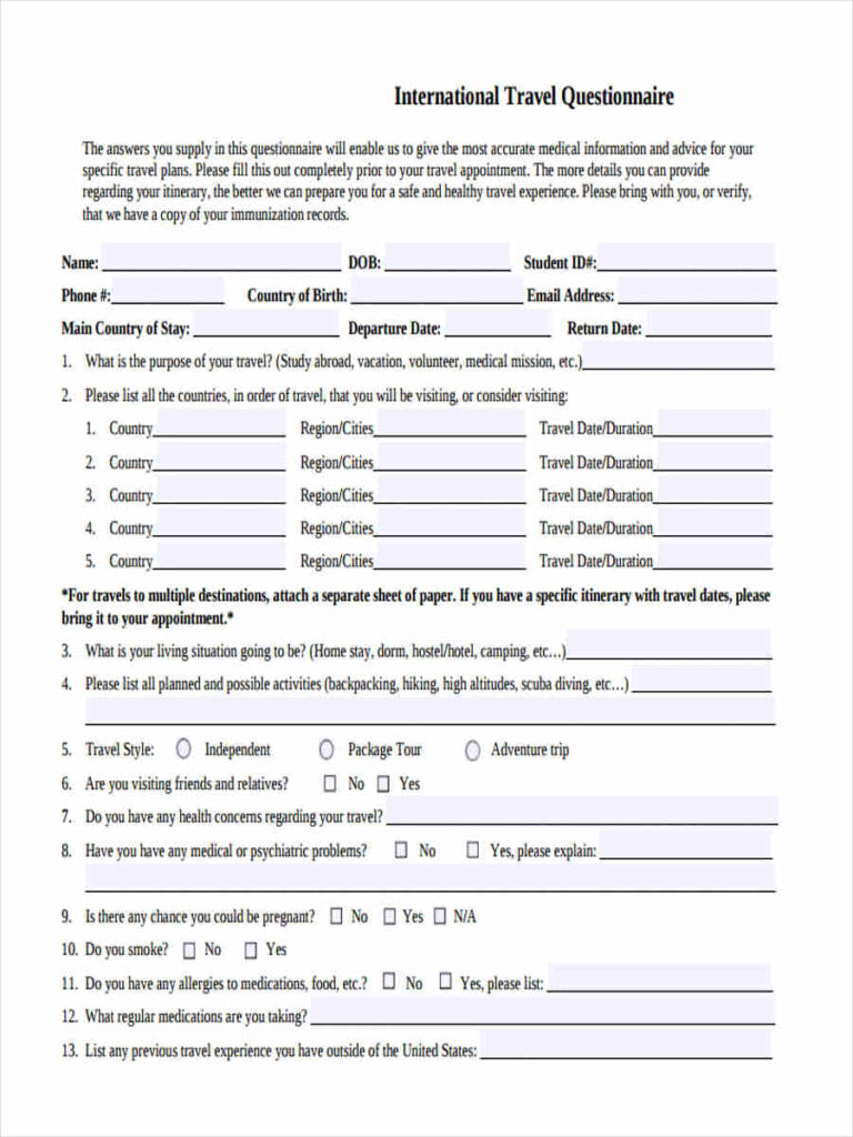 FREE 11 Travel Questionnaire Forms In PDF Excel Ms Word
