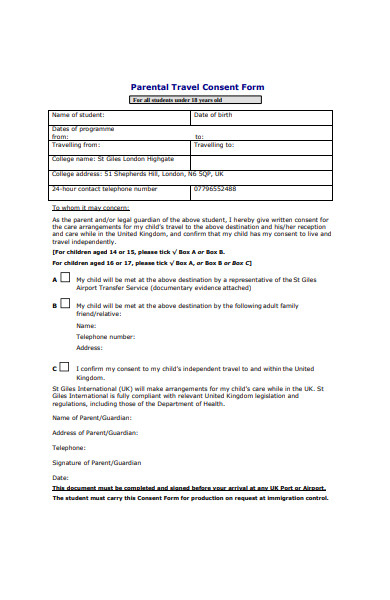 FREE 30 Sample Travel Consent Forms In PDF Ms Word