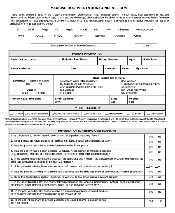 FREE 7 Sample Vaccine Consent Forms In MS Word PDF