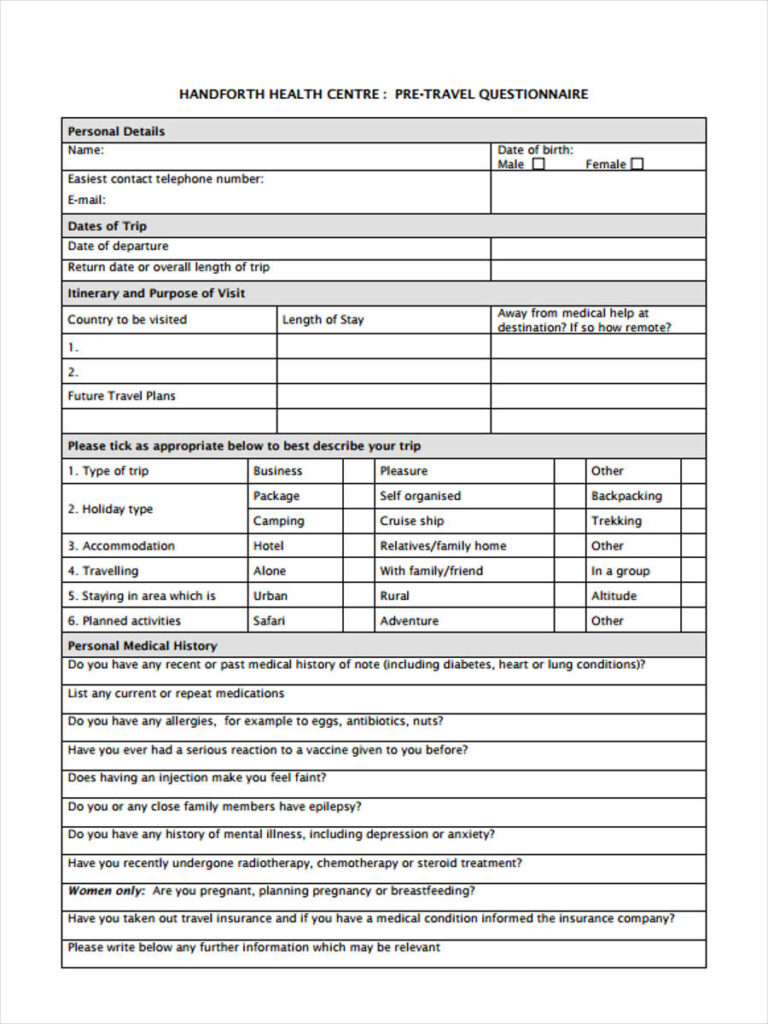 FREE 7 Travel Questionnaire Forms In PDF Ms Word