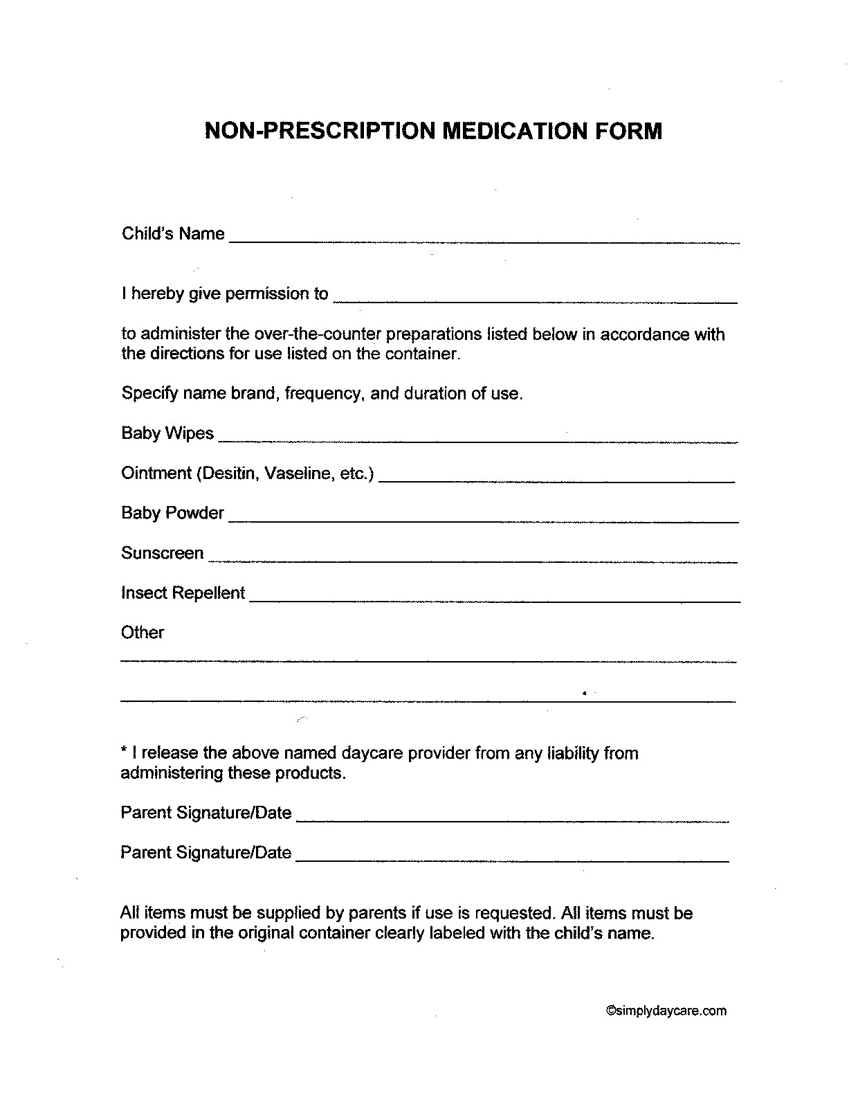 Free Child Care Forms Over the Counter Medication Form