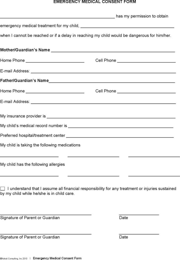 Free Emergency Medical Consent Form PDF 140KB 1 Page s 