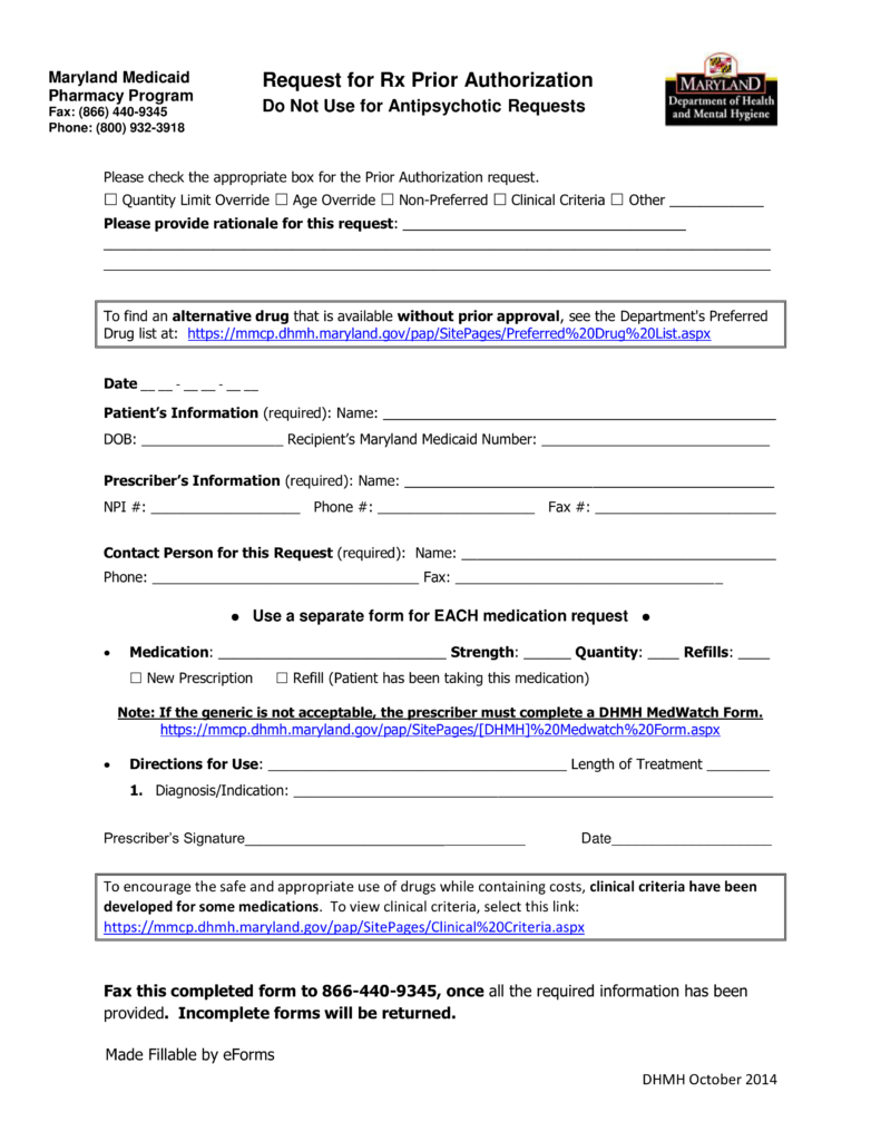 Free Maryland Medicaid Prior Rx Authorization Form PDF EForms