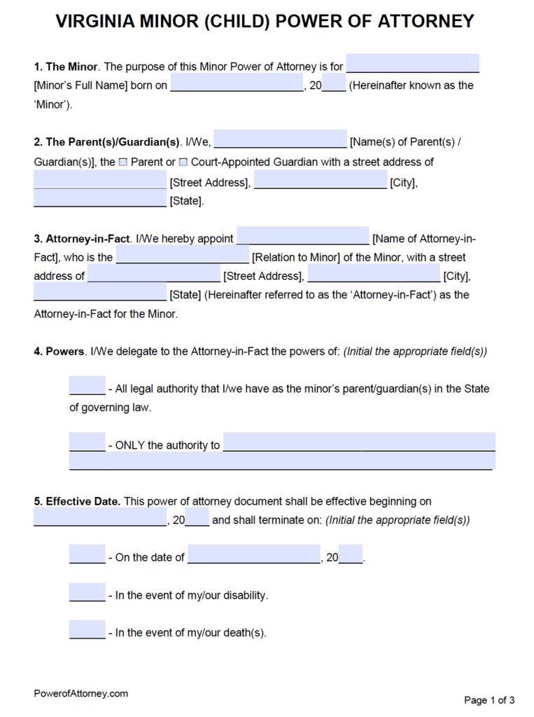 Free Minor Child Power Of Attorney Form Virginia PDF