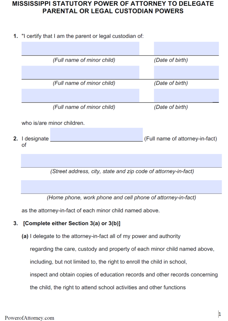 Free Minor Child Power Of Attorney Mississippi Form PDF