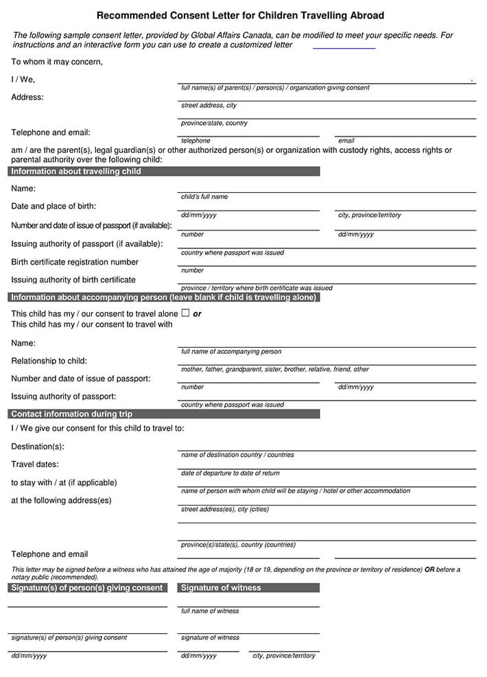 Free Minor Child Travel Consent Forms Word PDF 