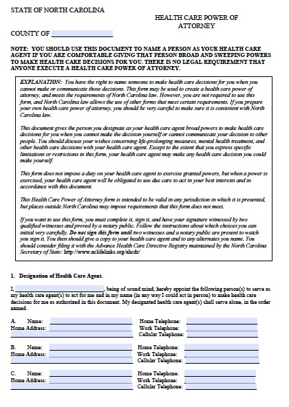 Free North Carolina Medical Power Of Attorney Form PDF Template