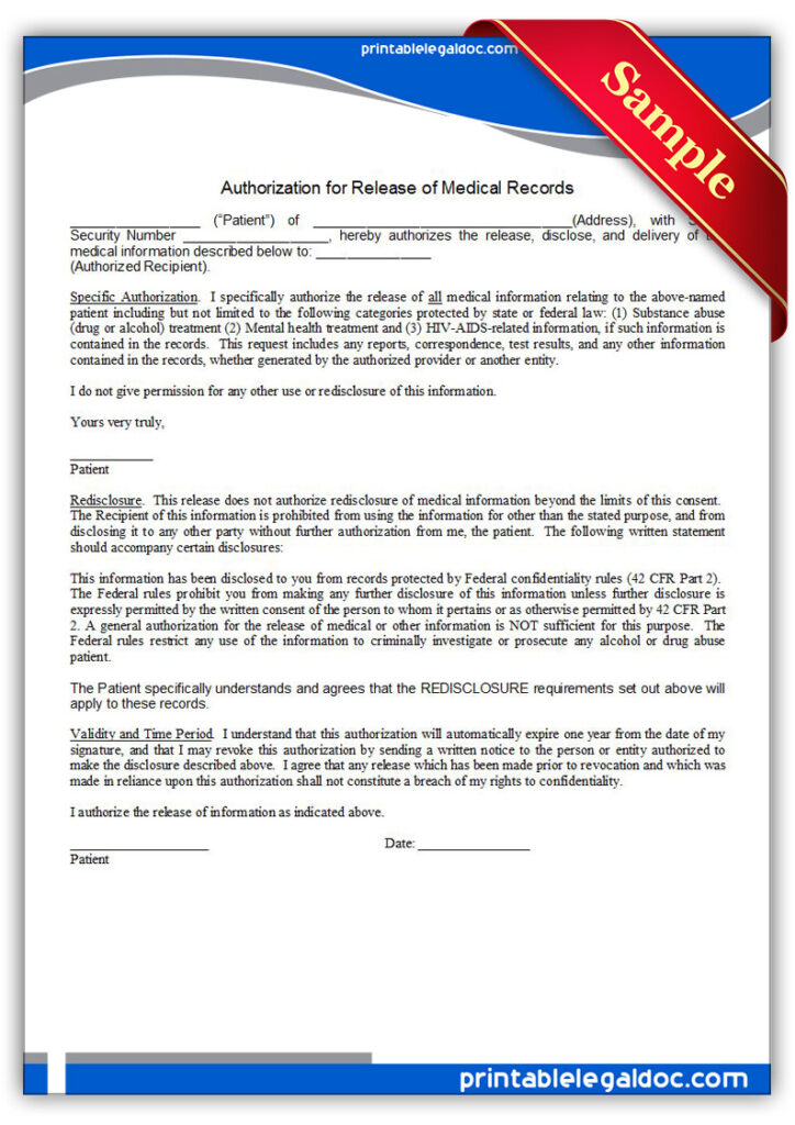 Free Printable Authorization For Release Of Medical Records Form GENERIC 