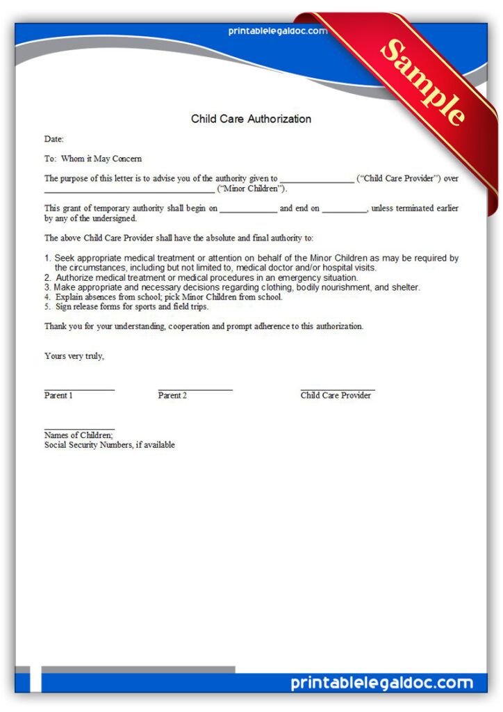 Free Printable Child Care Authorization Form GENERIC 