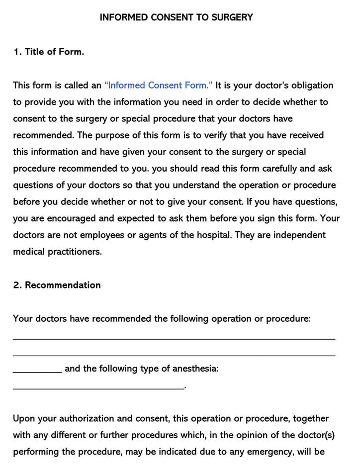 Free Surgical Consent Forms Templates Word PDF 