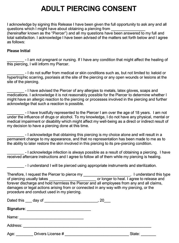 Free Tattoo Body Piercing Consent Forms Word PDF 