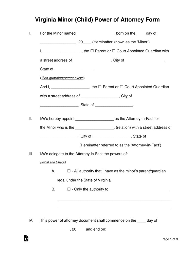 Free Virginia Minor Child Power Of Attorney Form Word PDF EForms