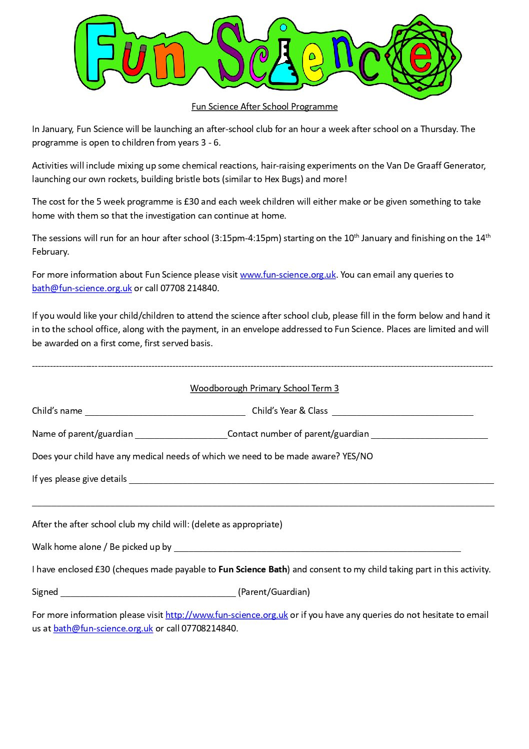 Fun Science Club Woodborough Consent Form Term 3 2018 Woodborough