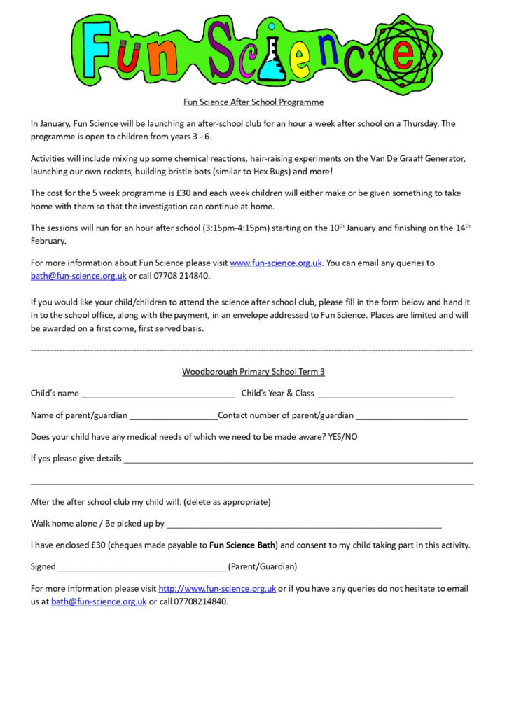 Fun Science Club Woodborough Consent Form Term 3 2018 Woodborough 