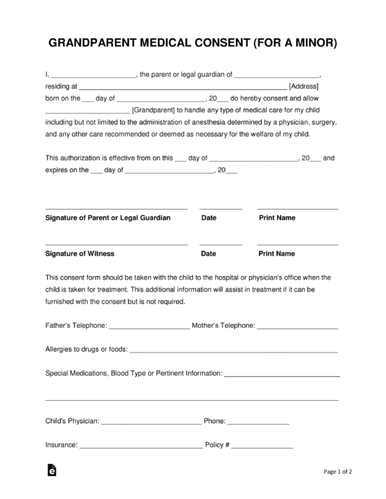 Grandparents Medical Consent Form Minor Child EForms