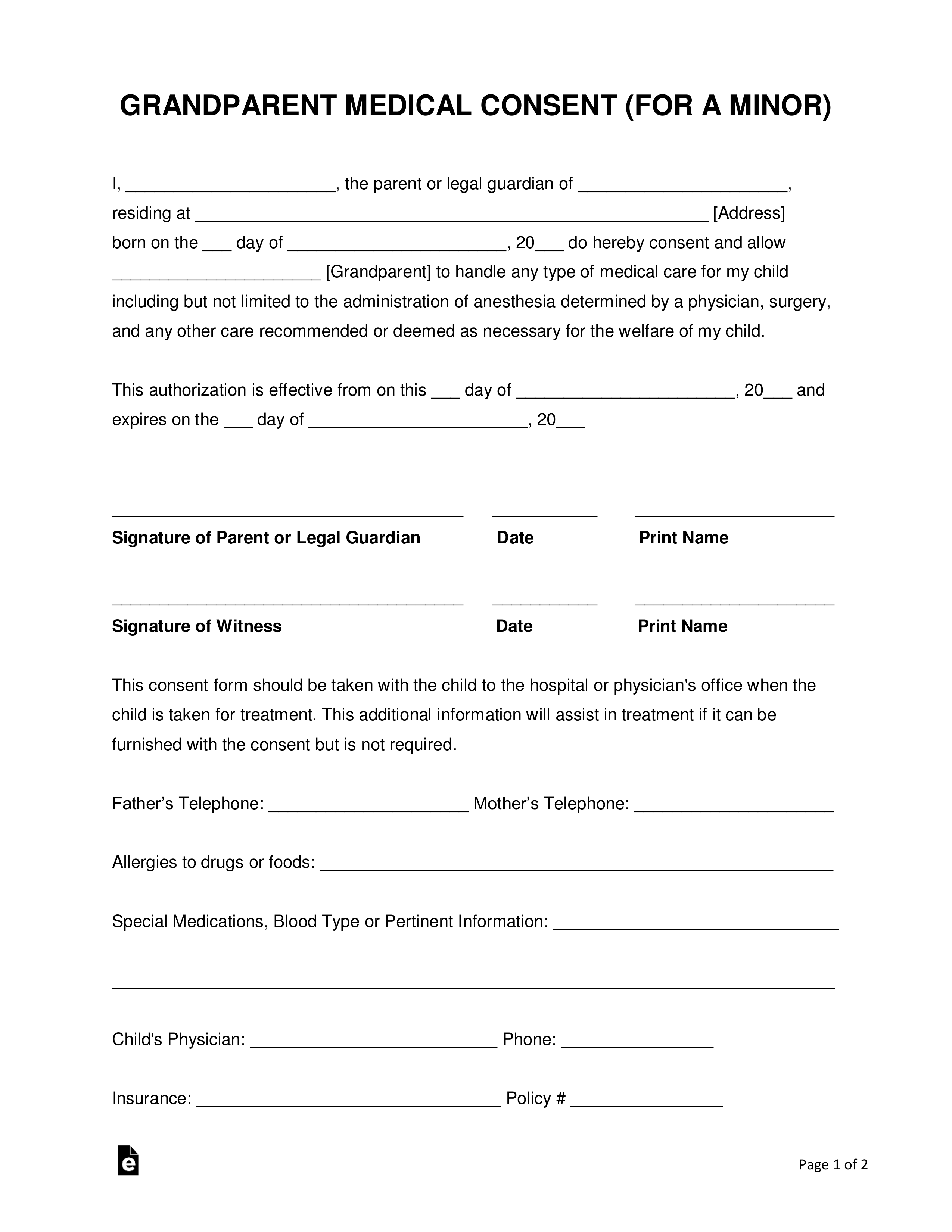 Grandparents Medical Consent Form Minor Child EForms