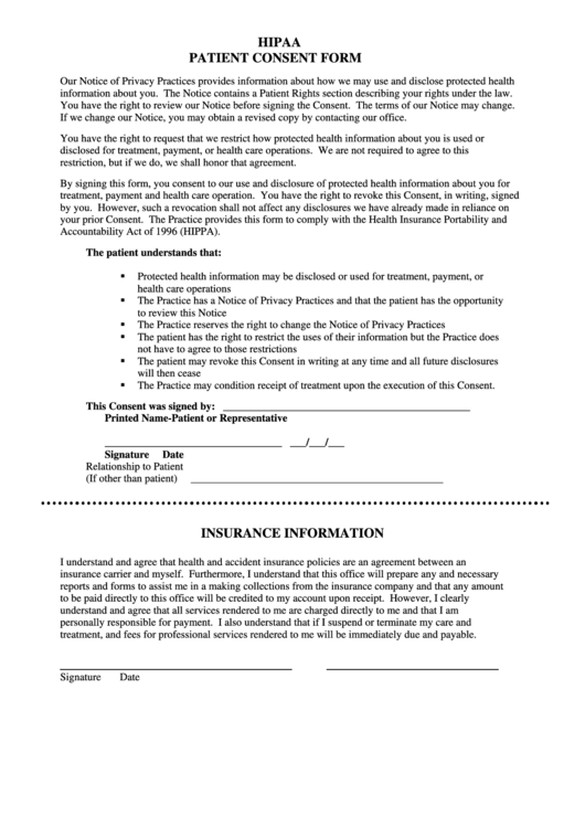 Hipaa Patient Consent Form With Insurance Information Printable Pdf 