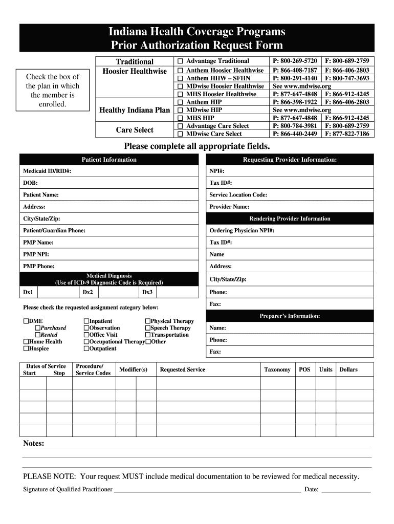 IN Prior Authorization Request Form Fill And Sign Printable Template 