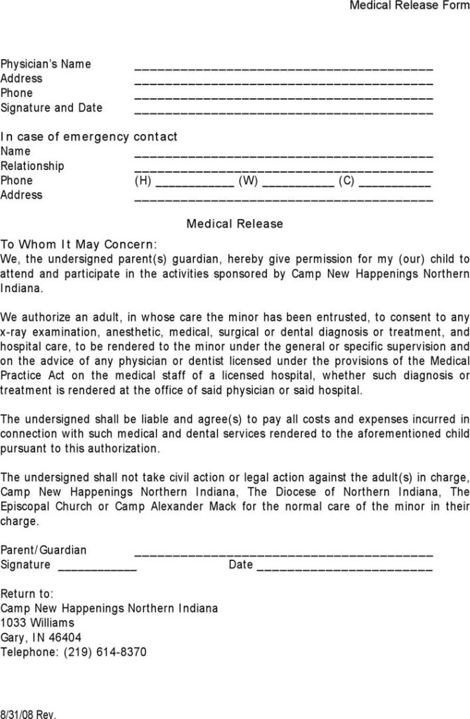 Indiana Medical Release Form Download The Free Printable Basic Blank 