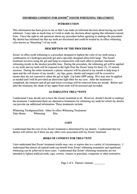 Informed Consent For Zoom Tooth Whitening Treatment Printable Pdf Download