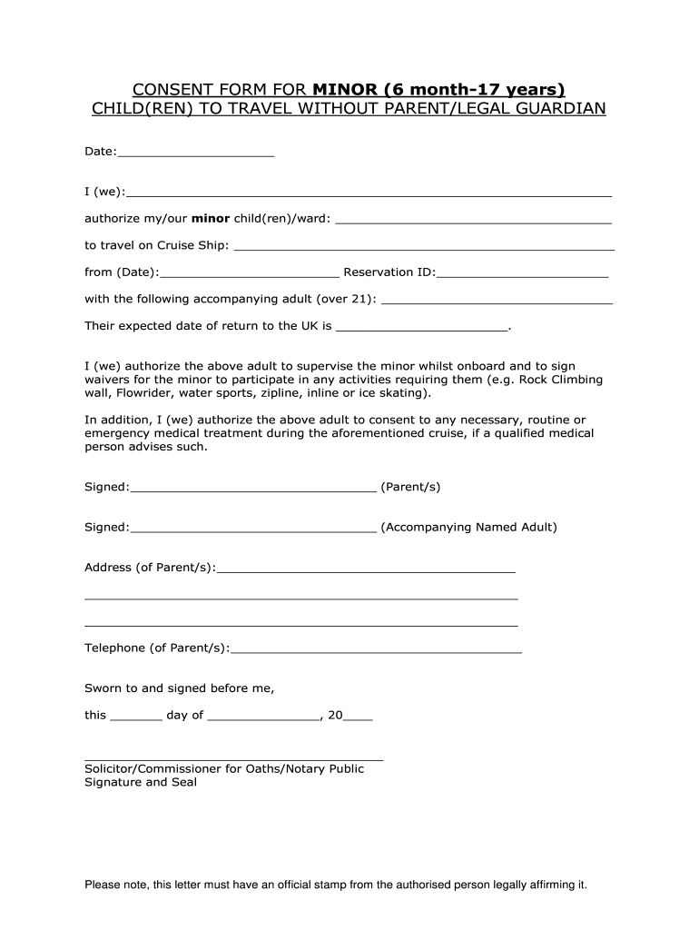 Letter Of Consent For Child To Travel With One Parent Sample Uk Fill 